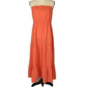 Cremieux Strapless Coral Eyelet Dress Womens Large Tiered Skirt Cover Up